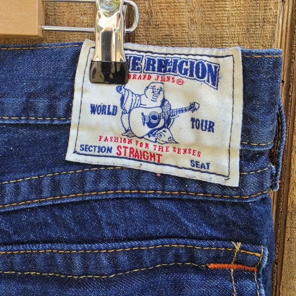 True Religion Straight Dark Wash Horseshoe Stitching Jeans Mens Size 38